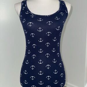 Faded Glory Juniors M Anchor Print Ribbed‎ Navy Blue Sleeveless Tank Top Y2K
